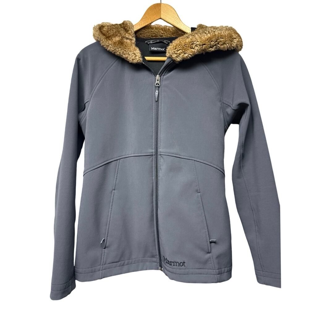 Marmot Furlong Womens Small Softshell Jacket Gray Faux Fur Hood Full Zip Outdoor